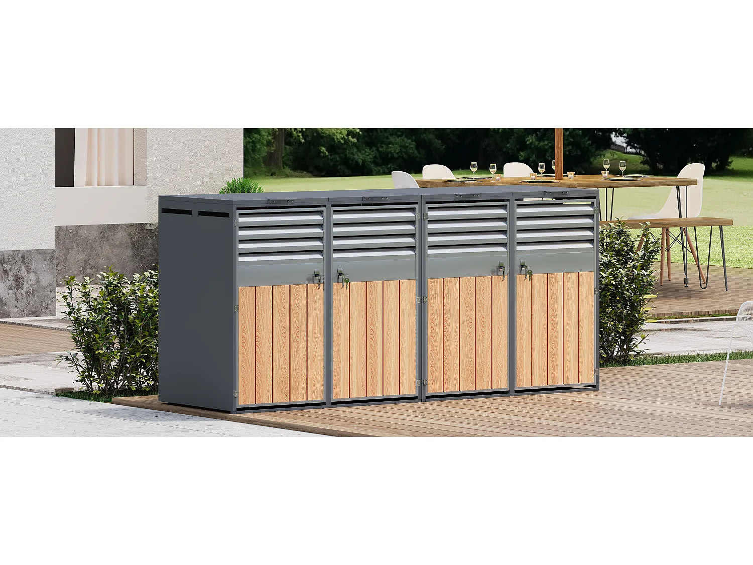 Abri pour 4 poubelles de jardin - 2 x 132 x 80 x 118.5 cm - avec couvercle à charnières + verrouillable + 2 portes - métal - gris + naturel