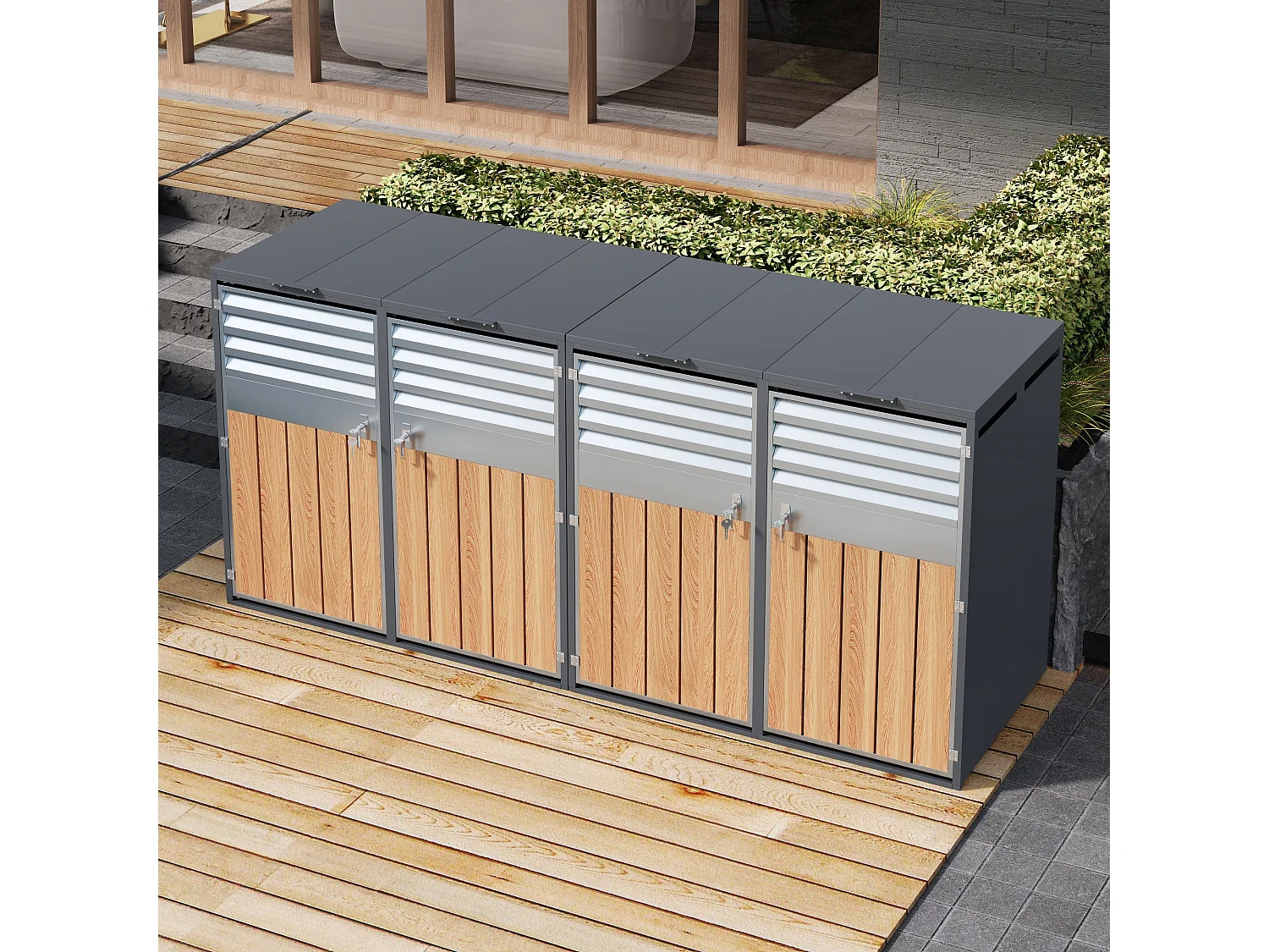 Abri pour 4 poubelles de jardin - 2 x 132 x 80 x 118.5 cm - avec couvercle à charnières + verrouillable + 2 portes - métal - gris + naturel