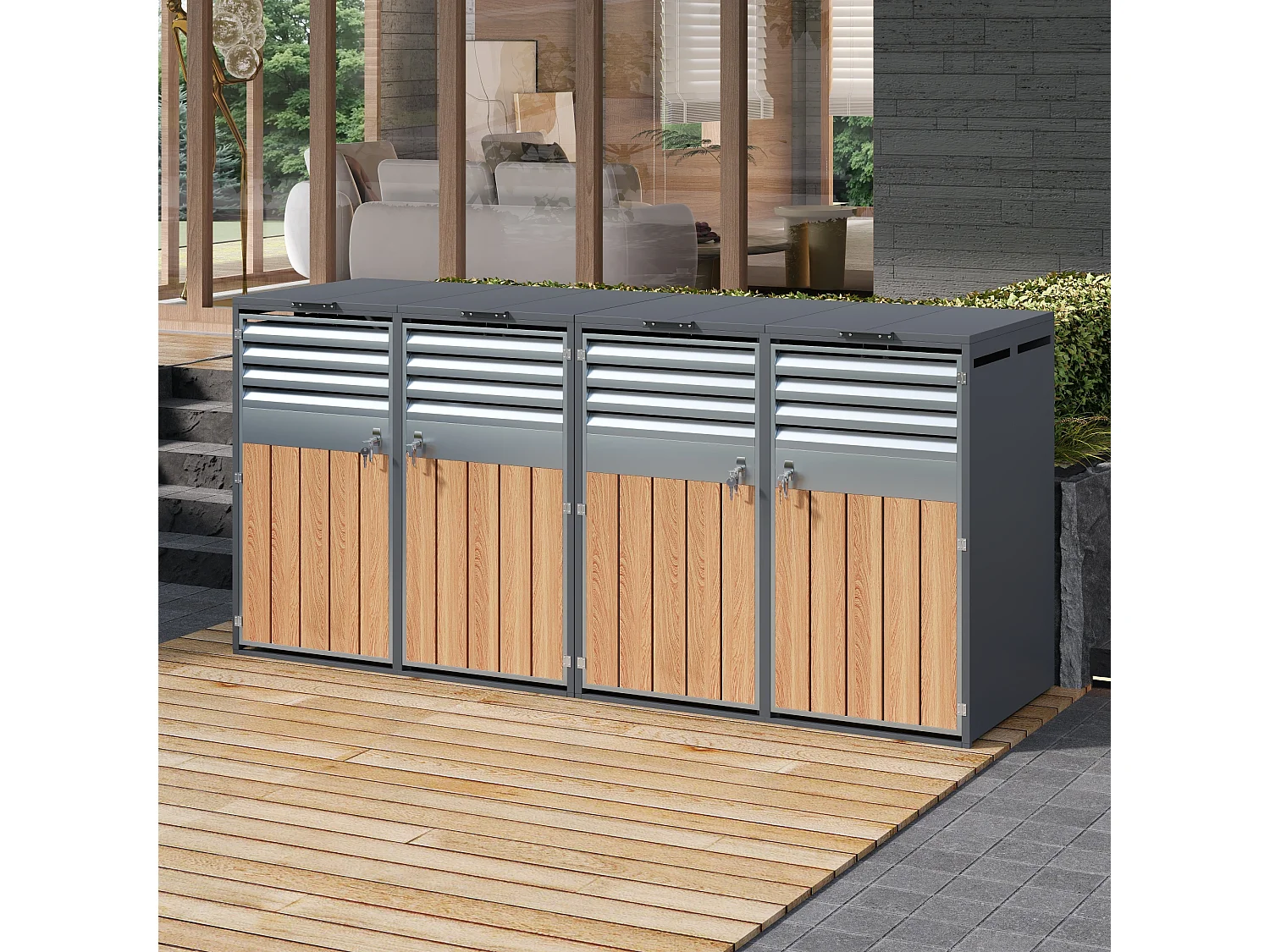 Abri pour 4 poubelles de jardin - 2 x 132 x 80 x 118.5 cm - avec couvercle à charnières + verrouillable + 2 portes - métal - gris + naturel