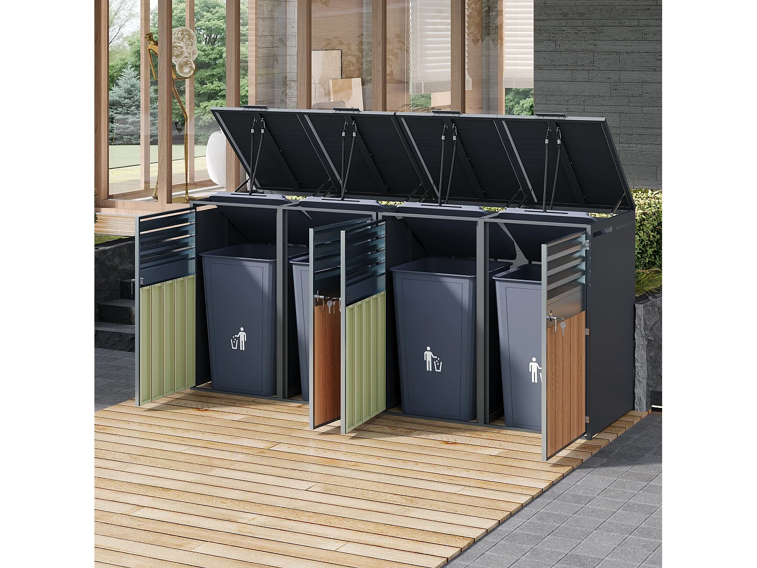 Abri pour 4 poubelles de jardin - 2 x 132 x 80 x 118.5 cm - avec couvercle à charnières + verrouillable + 2 portes - métal - gris + naturel