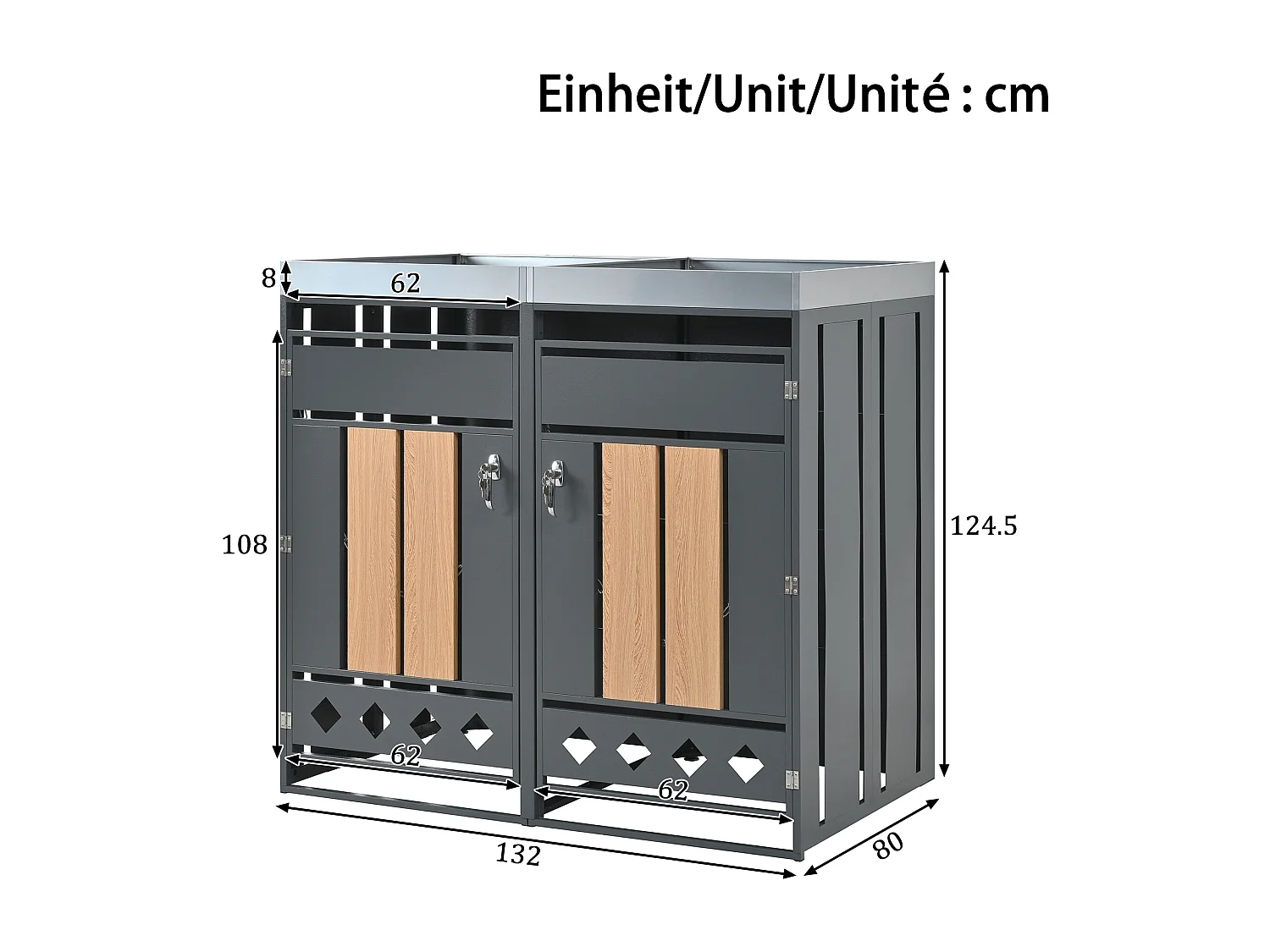 Abri pour 4 poubelles de jardin - 2 x 132 x 80 x 124.5 cm - avec verrouillable + 4 portes + plantation - métal - gris + naturel
