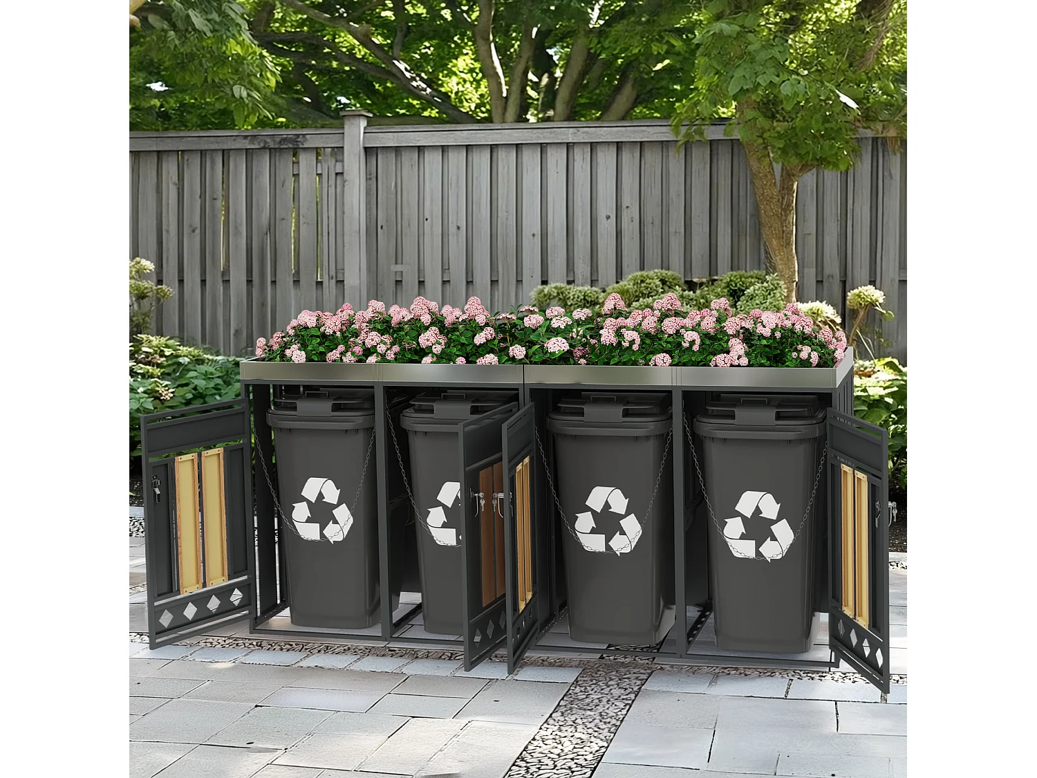 Abri pour 4 poubelles de jardin - 2 x 132 x 80 x 124.5 cm - avec verrouillable + 4 portes + plantation - métal - gris + naturel