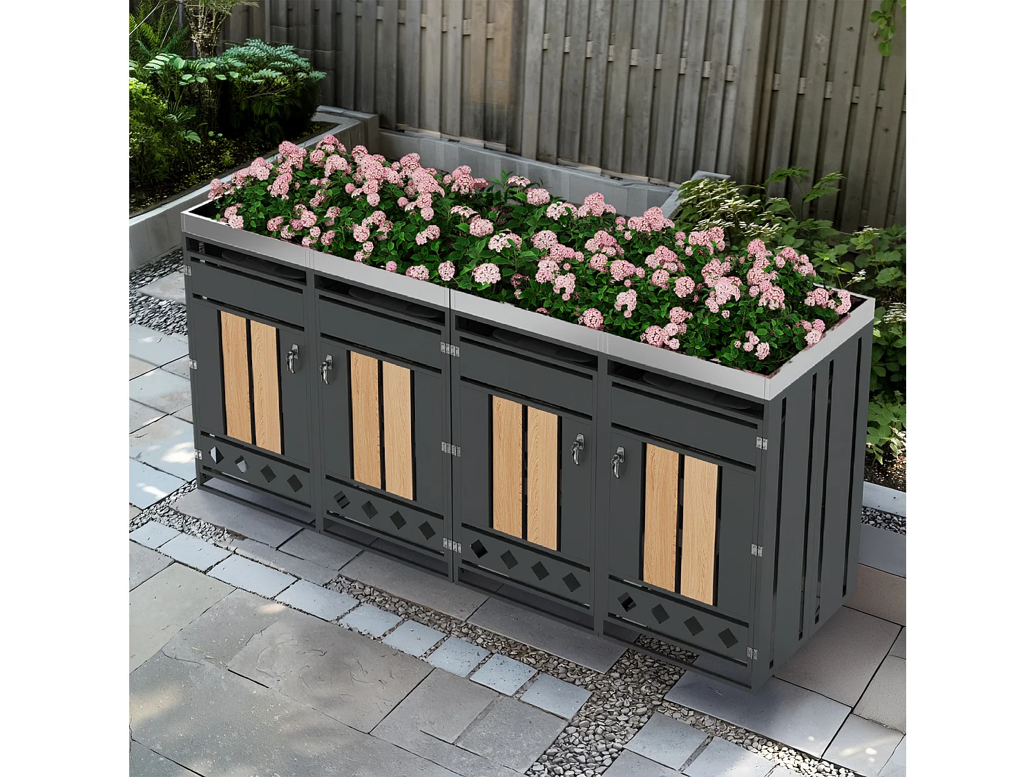 Abri pour 4 poubelles de jardin - 2 x 132 x 80 x 124.5 cm - avec verrouillable + 4 portes + plantation - métal - gris + naturel