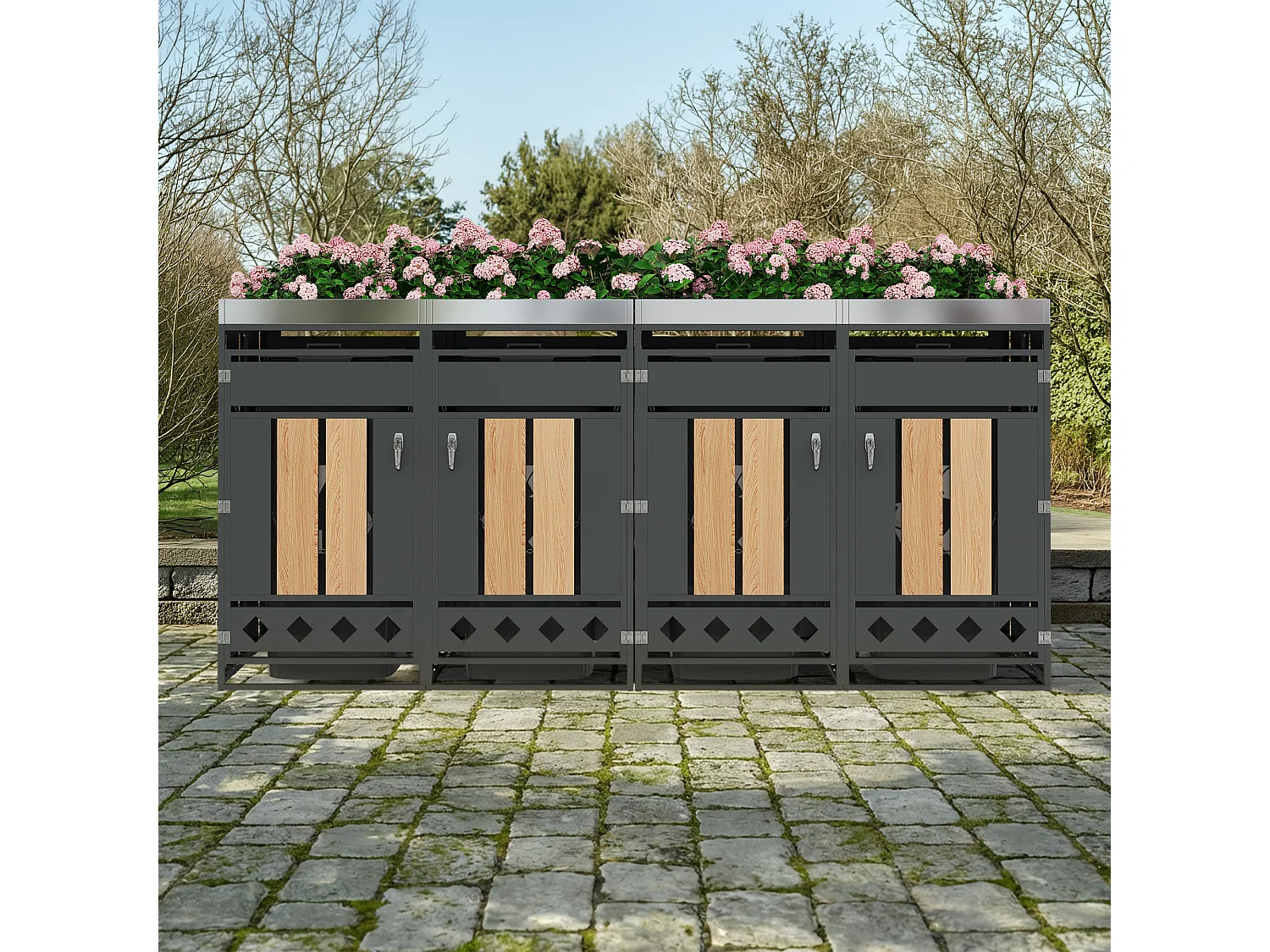 Abri pour 4 poubelles de jardin - 2 x 132 x 80 x 124.5 cm - avec verrouillable + 4 portes + plantation - métal - gris + naturel