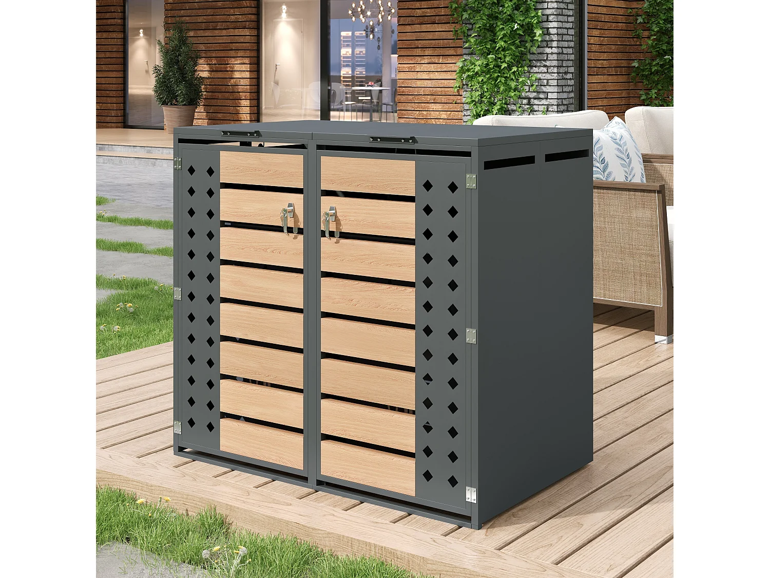 Abri pour 2 poubelles de jardin - 132 x 80 x 118.5 cm - avec couvercle à charnières + verrouillable + 2 portes - métal - gris + naturel