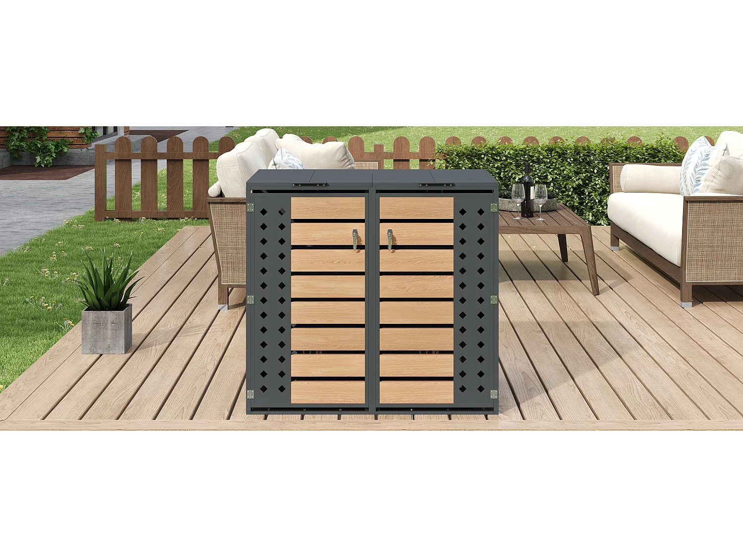 Abri pour 2 poubelles de jardin - 132 x 80 x 118.5 cm - avec couvercle à charnières + verrouillable + 2 portes - métal - gris + naturel