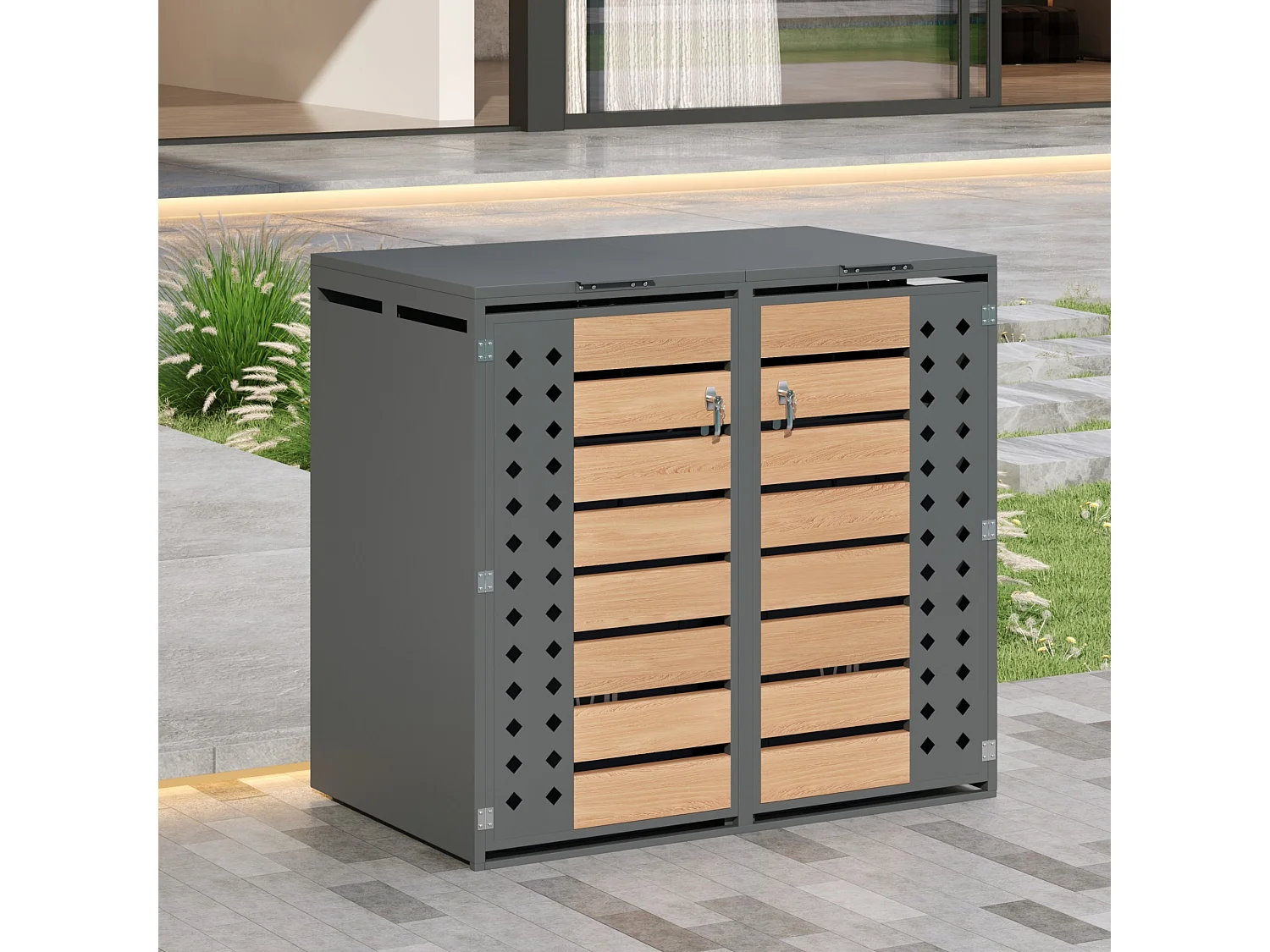 Abri pour 2 poubelles de jardin - 132 x 80 x 118.5 cm - avec couvercle à charnières + verrouillable + 2 portes - métal - gris + naturel