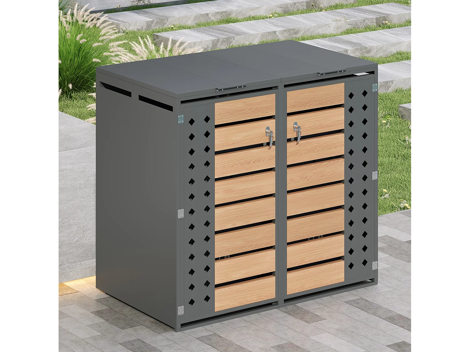 Abri pour 2 poubelles de jardin - 132 x 80 x 118.5 cm - avec couvercle à charnières + verrouillable + 2 portes - métal - gris + naturel