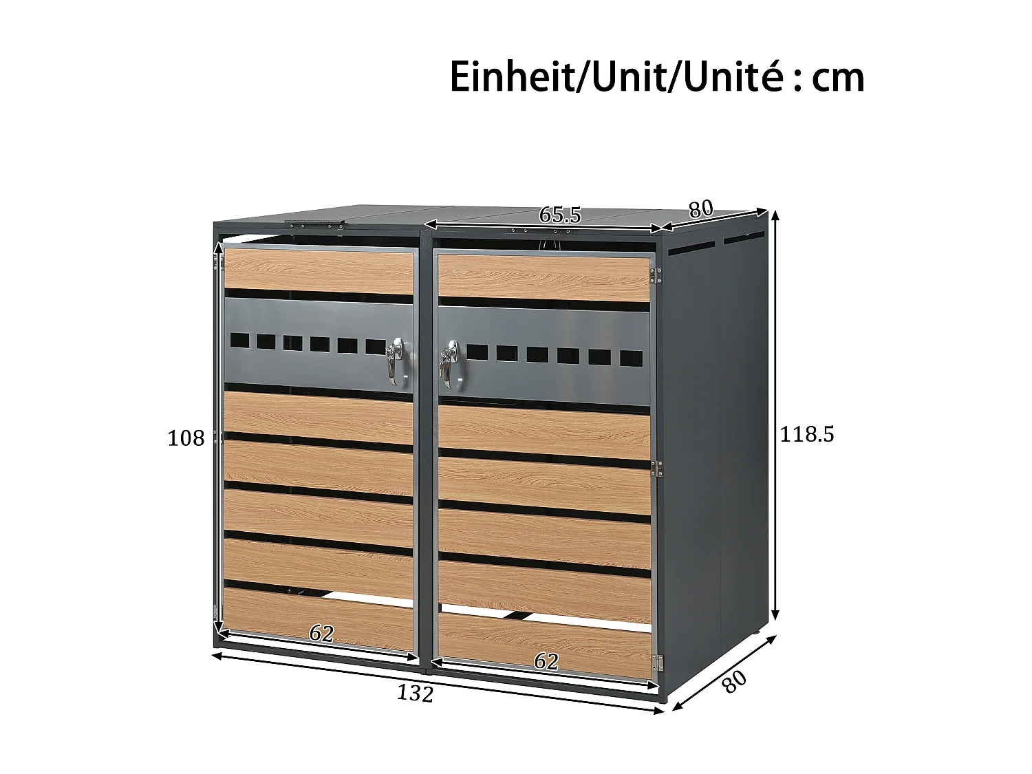 Abri pour 4 poubelles de jardin - 2 x 132 x 80 x 118.5 cm - avec couvercle à charnières + verrouillable + 2 portes - métal - gris + naturel