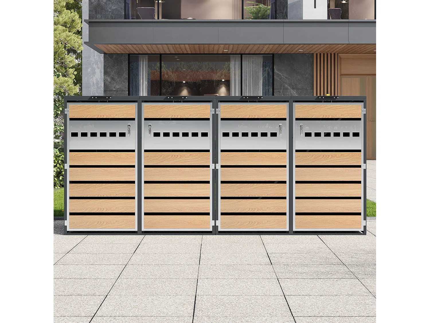 Abri pour 4 poubelles de jardin - 2 x 132 x 80 x 118.5 cm - avec couvercle à charnières + verrouillable + 2 portes - métal - gris + naturel