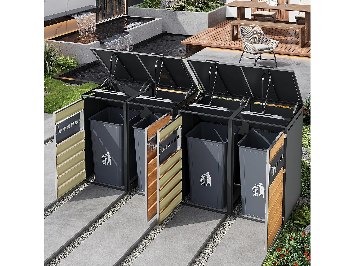 Abri pour 4 poubelles de jardin - 2 x 132 x 80 x 118.5 cm - avec couvercle à charnières + verrouillable + 2 portes - métal - gris + naturel