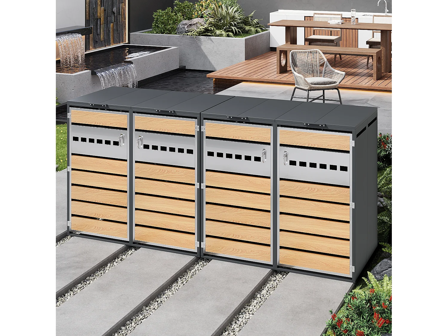 Abri pour 4 poubelles de jardin - 2 x 132 x 80 x 118.5 cm - avec couvercle à charnières + verrouillable + 2 portes - métal - gris + naturel