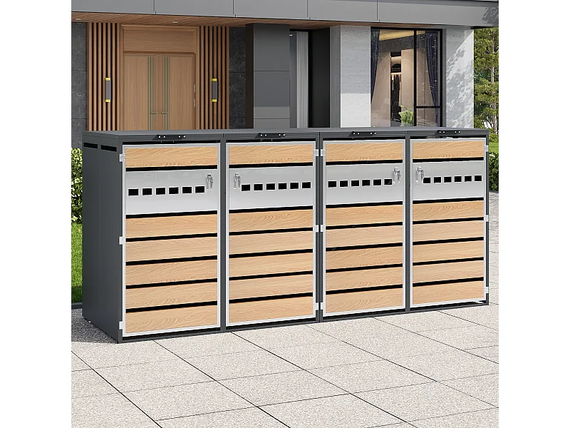 Abri pour 4 poubelles de jardin - 2 x 132 x 80 x 118.5 cm - avec couvercle à charnières + verrouillable + 2 portes - métal - gris + naturel