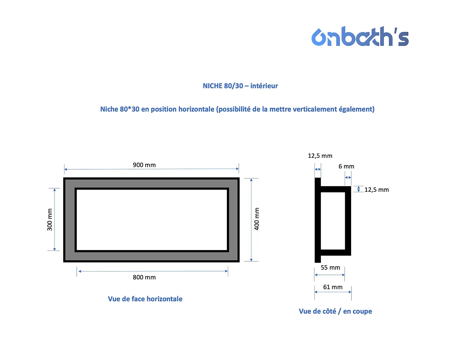 Niche à carreler étanche 80x30 cm – profondeur 6 cm – avec natte d’étanchéité pré-montée – NICHE80/30-INT