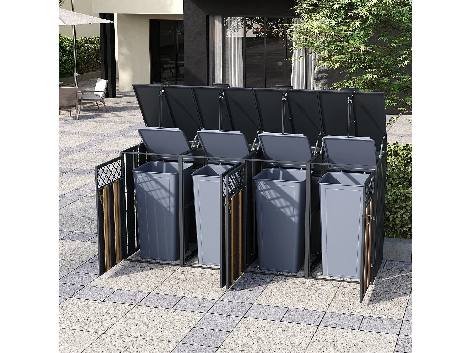 Abri pour 4 poubelles de jardin - 2 x 132 x 80 x 118.5 cm - avec couvercle à charnières + verrouillable + 2 portes - métal - gris + naturel