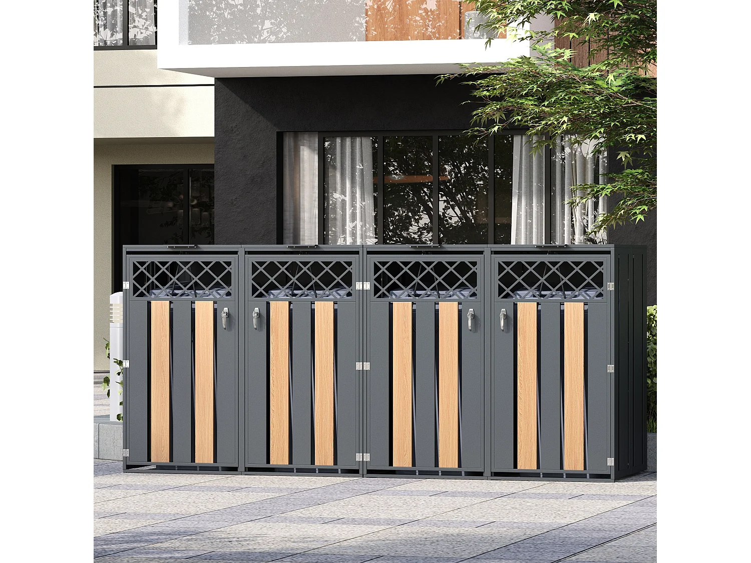 Abri pour 4 poubelles de jardin - 2 x 132 x 80 x 118.5 cm - avec couvercle à charnières + verrouillable + 2 portes - métal - gris + naturel