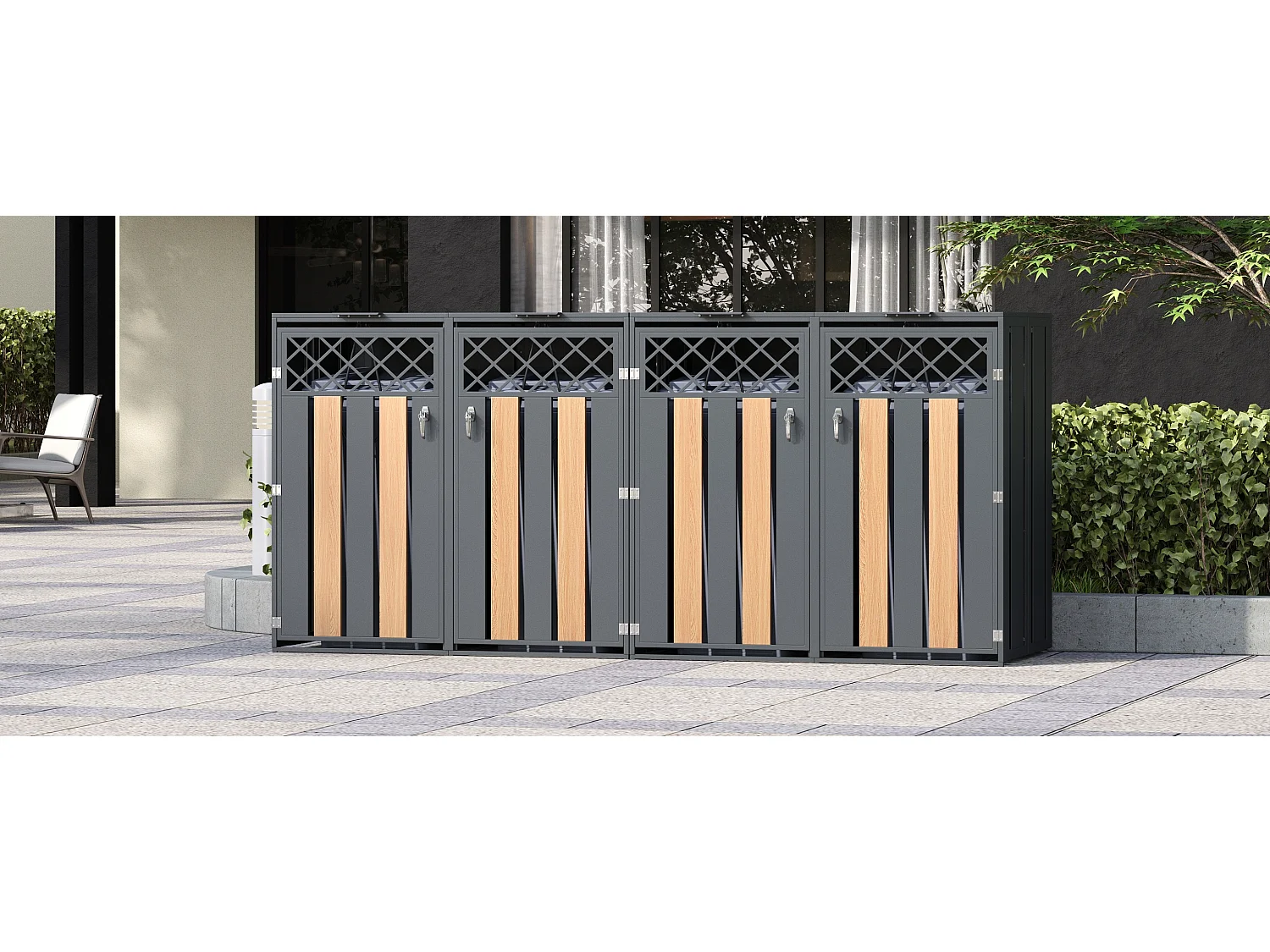 Abri pour 4 poubelles de jardin - 2 x 132 x 80 x 118.5 cm - avec couvercle à charnières + verrouillable + 2 portes - métal - gris + naturel