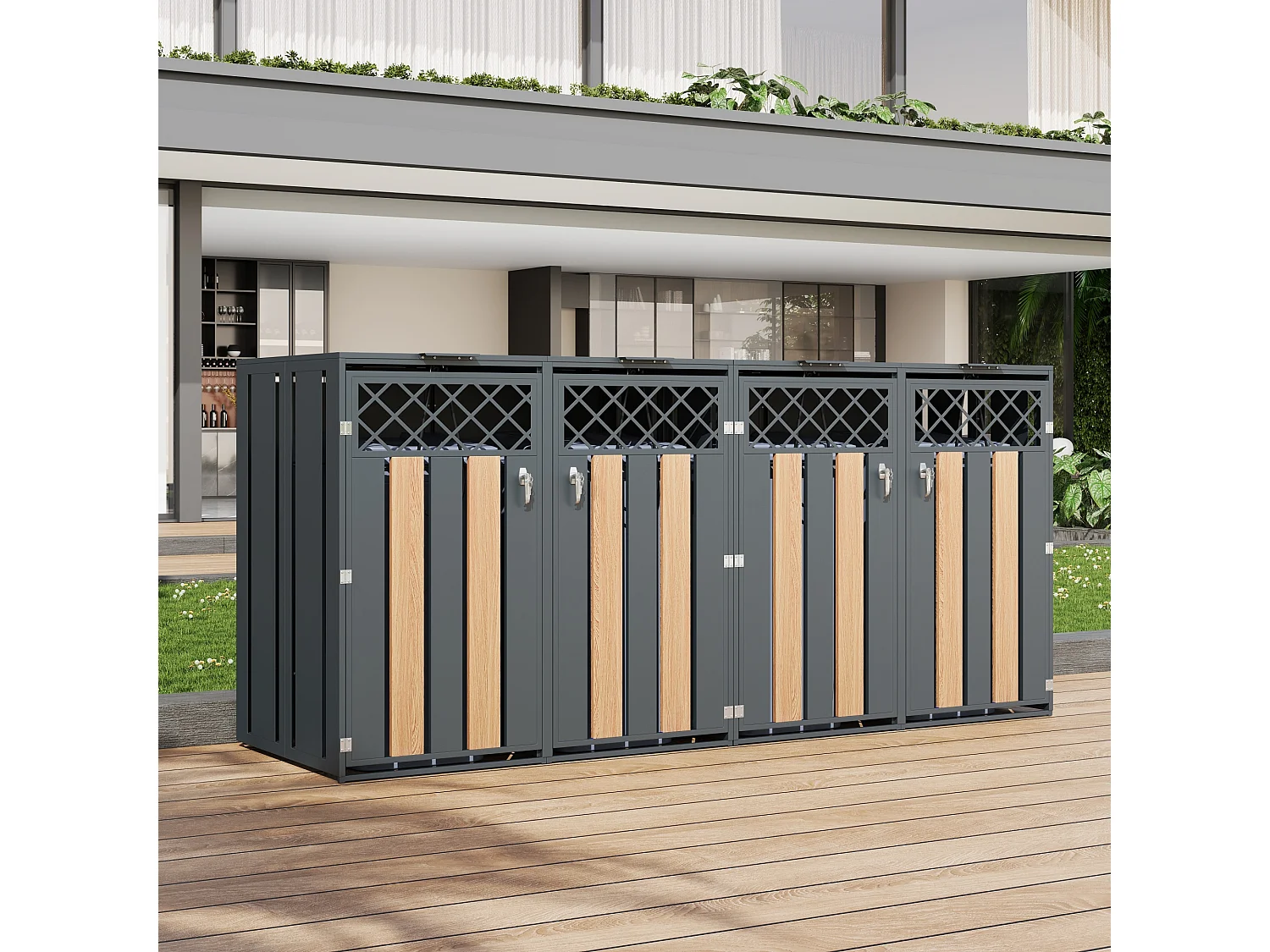 Abri pour 4 poubelles de jardin - 2 x 132 x 80 x 118.5 cm - avec couvercle à charnières + verrouillable + 2 portes - métal - gris + naturel