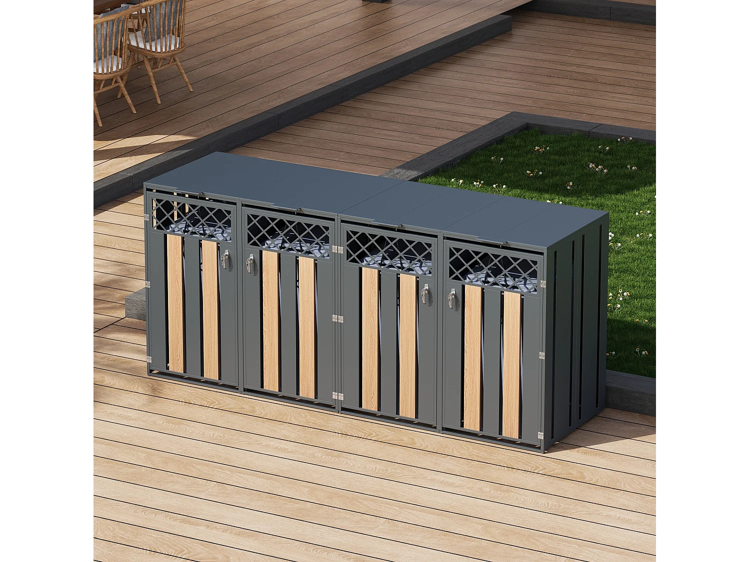 Abri pour 4 poubelles de jardin - 2 x 132 x 80 x 118.5 cm - avec couvercle à charnières + verrouillable + 2 portes - métal - gris + naturel