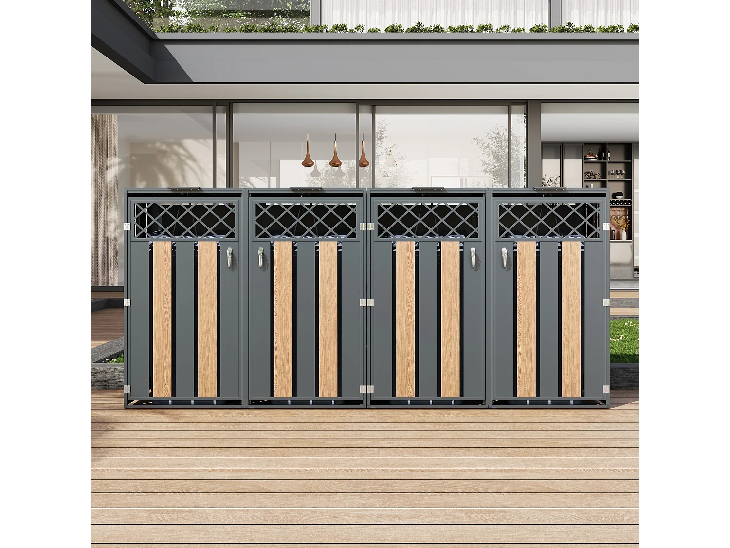 Abri pour 4 poubelles de jardin - 2 x 132 x 80 x 118.5 cm - avec couvercle à charnières + verrouillable + 2 portes - métal - gris + naturel