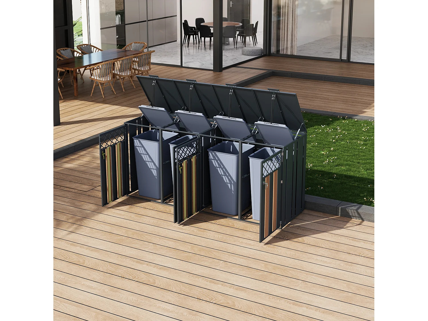 Abri pour 4 poubelles de jardin - 2 x 132 x 80 x 118.5 cm - avec couvercle à charnières + verrouillable + 2 portes - métal - gris + naturel