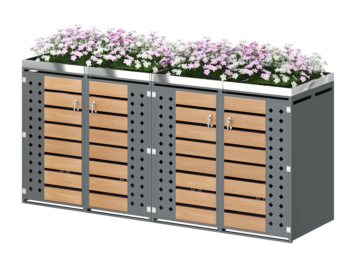 Abri pour 4 poubelles de jardin - 2 x 132 x 80 x 124.5 cm - avec 2 portes + plantation + verrouillable - métal - gris + naturel