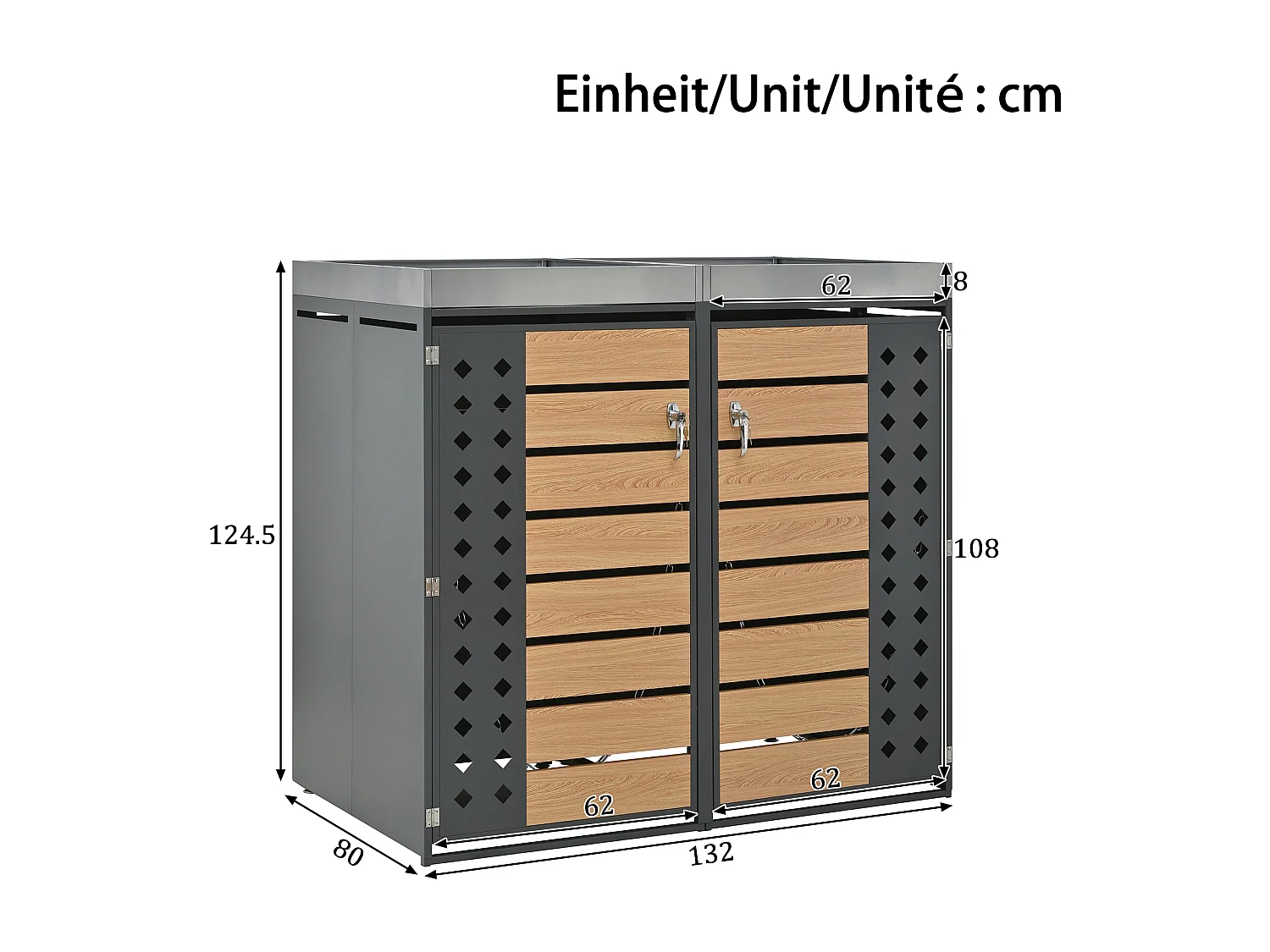 Abri pour 4 poubelles de jardin - 2 x 132 x 80 x 124.5 cm - avec 2 portes + plantation + verrouillable - métal - gris + naturel