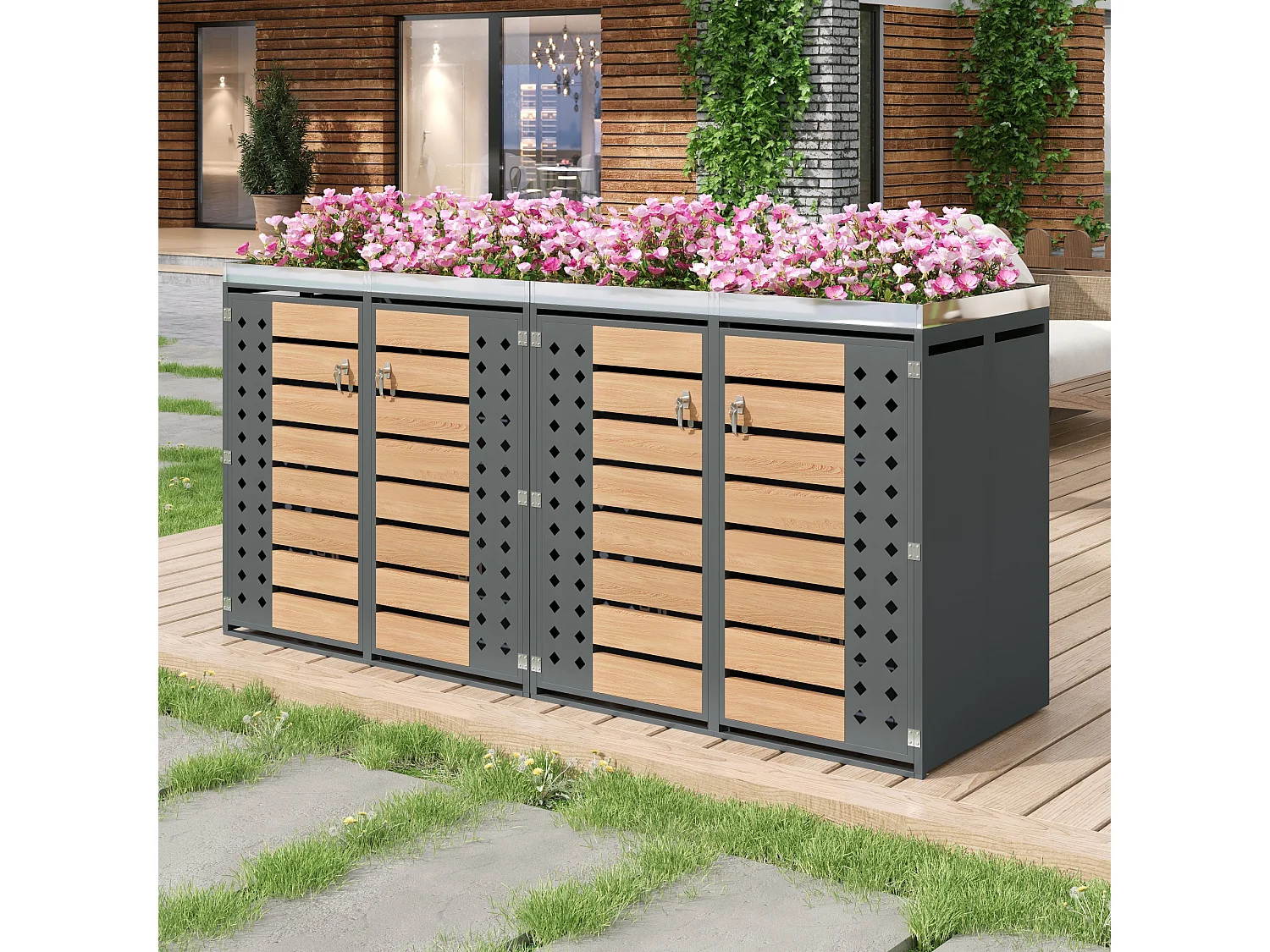 Abri pour 4 poubelles de jardin - 2 x 132 x 80 x 124.5 cm - avec 2 portes + plantation + verrouillable - métal - gris + naturel
