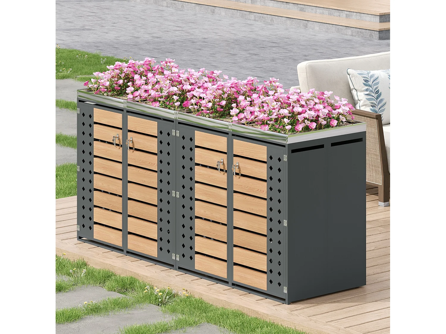 Abri pour 4 poubelles de jardin - 2 x 132 x 80 x 124.5 cm - avec 2 portes + plantation + verrouillable - métal - gris + naturel