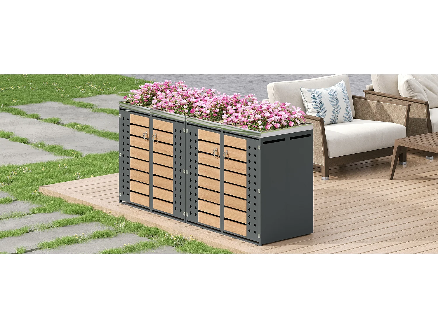 Abri pour 4 poubelles de jardin - 2 x 132 x 80 x 124.5 cm - avec 2 portes + plantation + verrouillable - métal - gris + naturel