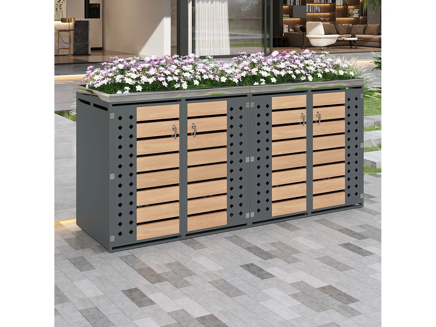 Abri pour 4 poubelles de jardin - 2 x 132 x 80 x 124.5 cm - avec 2 portes + plantation + verrouillable - métal - gris + naturel
