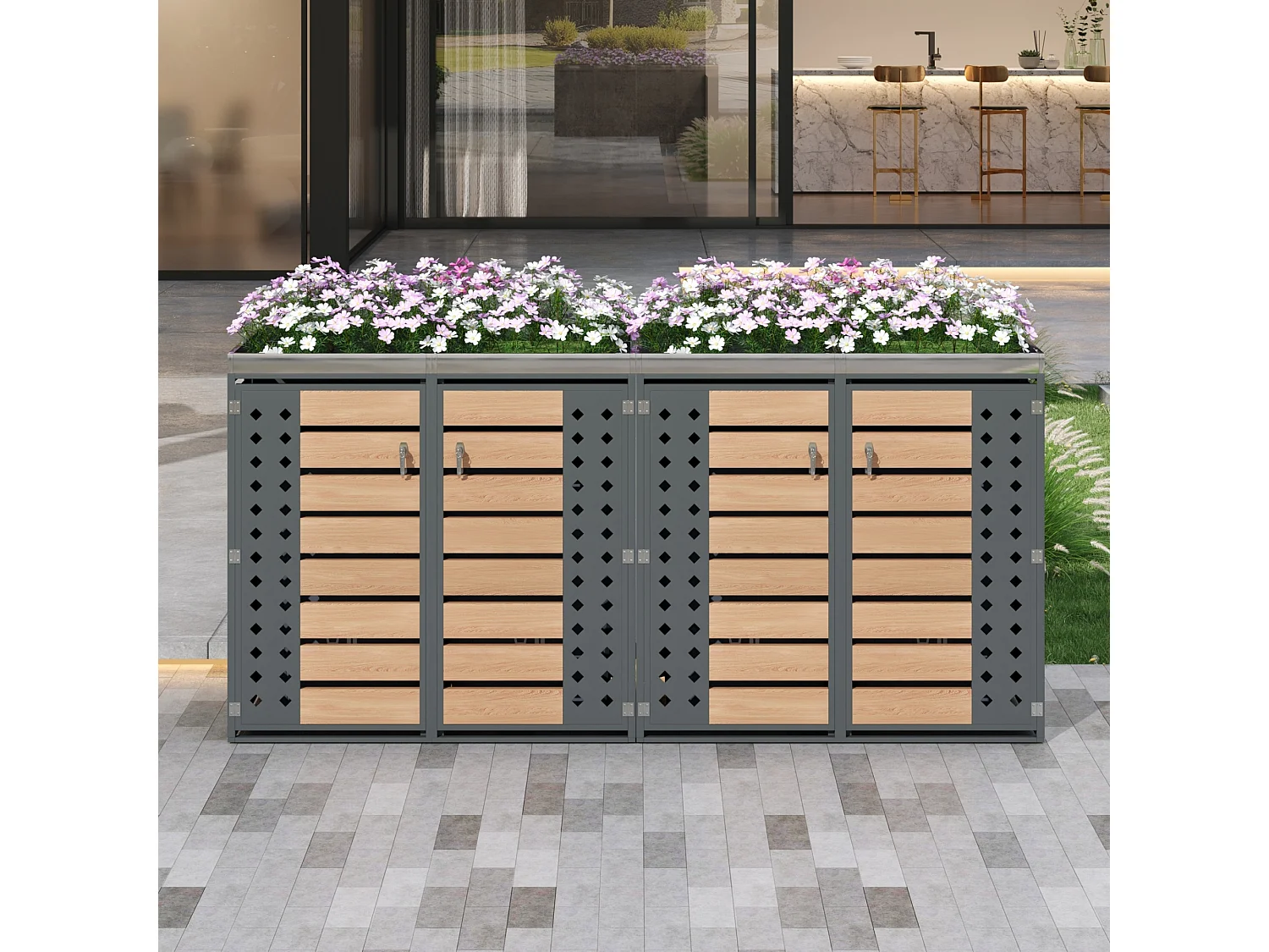 Abri pour 4 poubelles de jardin - 2 x 132 x 80 x 124.5 cm - avec 2 portes + plantation + verrouillable - métal - gris + naturel