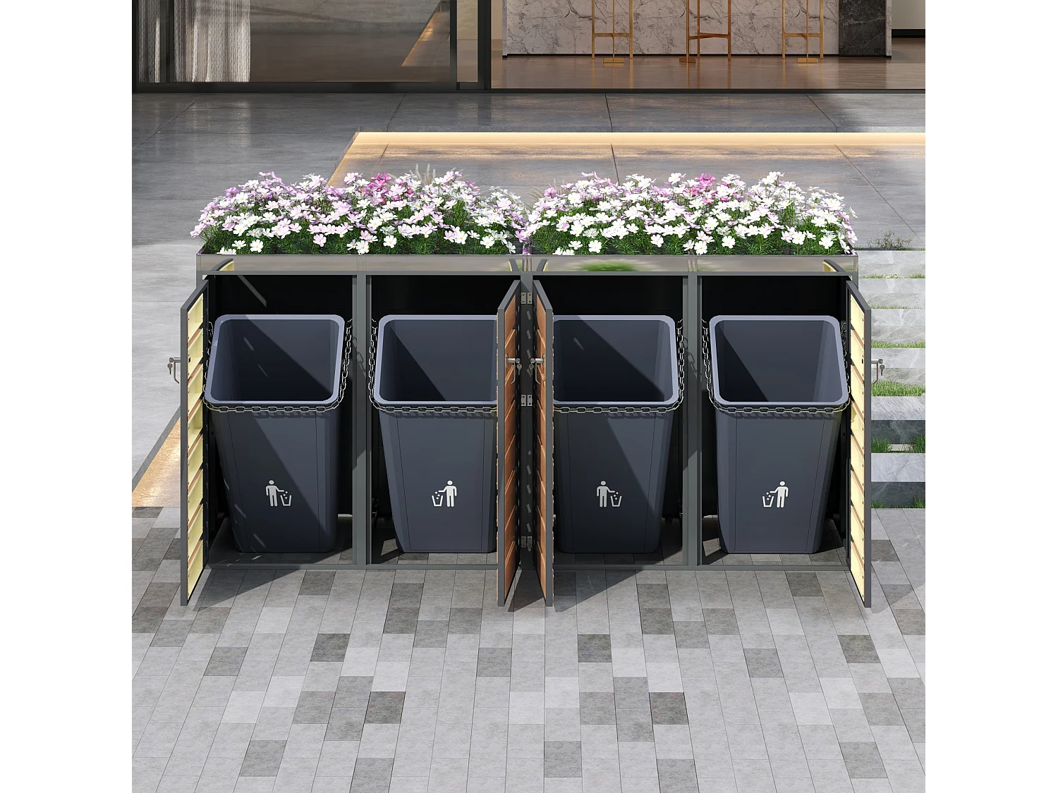 Abri pour 4 poubelles de jardin - 2 x 132 x 80 x 124.5 cm - avec 2 portes + plantation + verrouillable - métal - gris + naturel