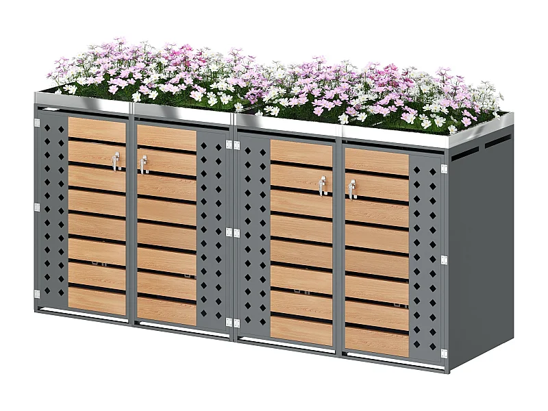 Abri pour 4 poubelles de jardin - 2 x 132 x 80 x 124.5 cm - avec 2 portes + plantation + verrouillable - métal - gris + naturel