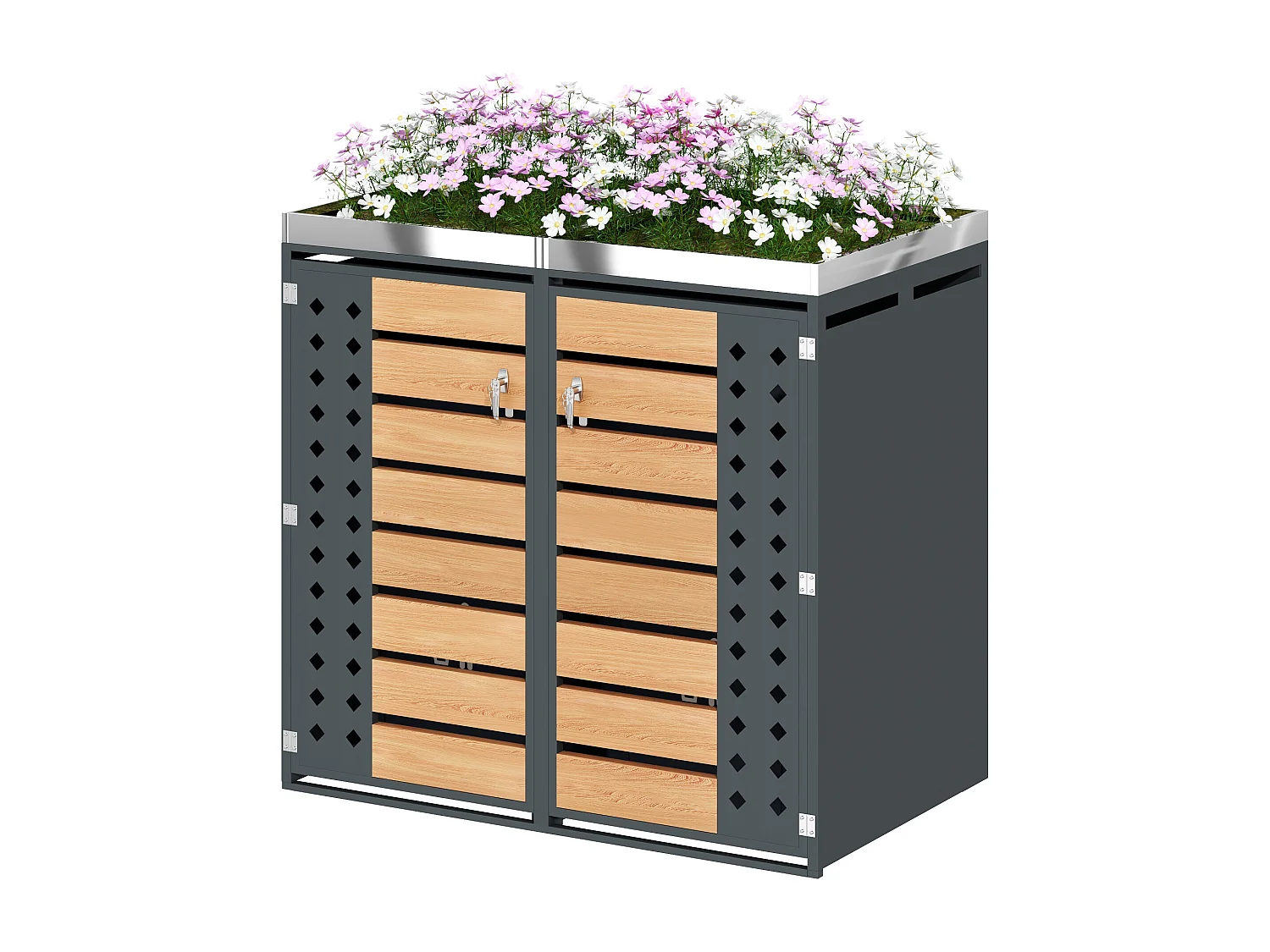 Abri pour 2 poubelles de jardin - 132 x 80 x 124.5 cm - avec 2 portes + plantation + verrouillable - métal - gris + naturel