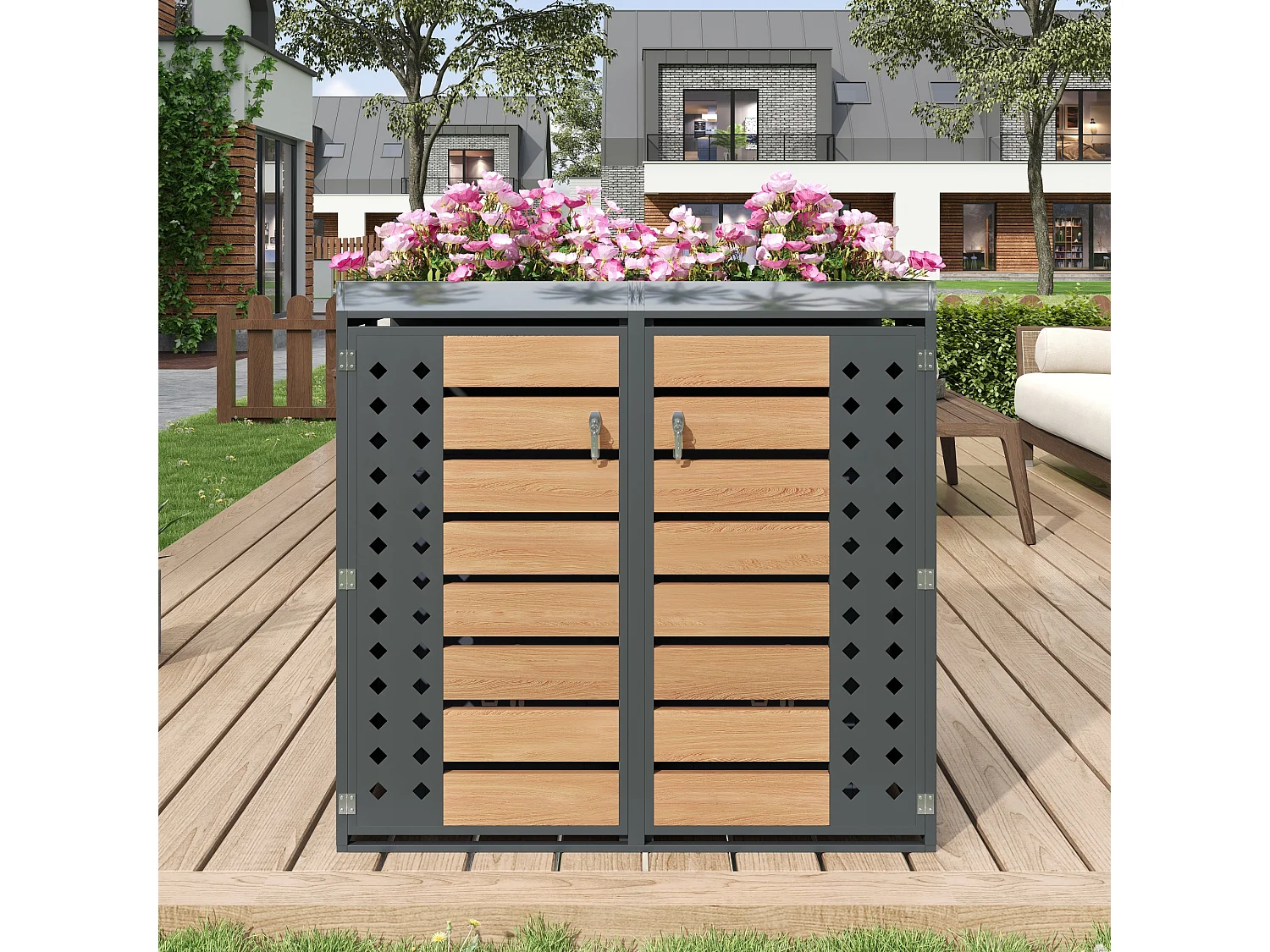 Abri pour 2 poubelles de jardin - 132 x 80 x 124.5 cm - avec 2 portes + plantation + verrouillable - métal - gris + naturel