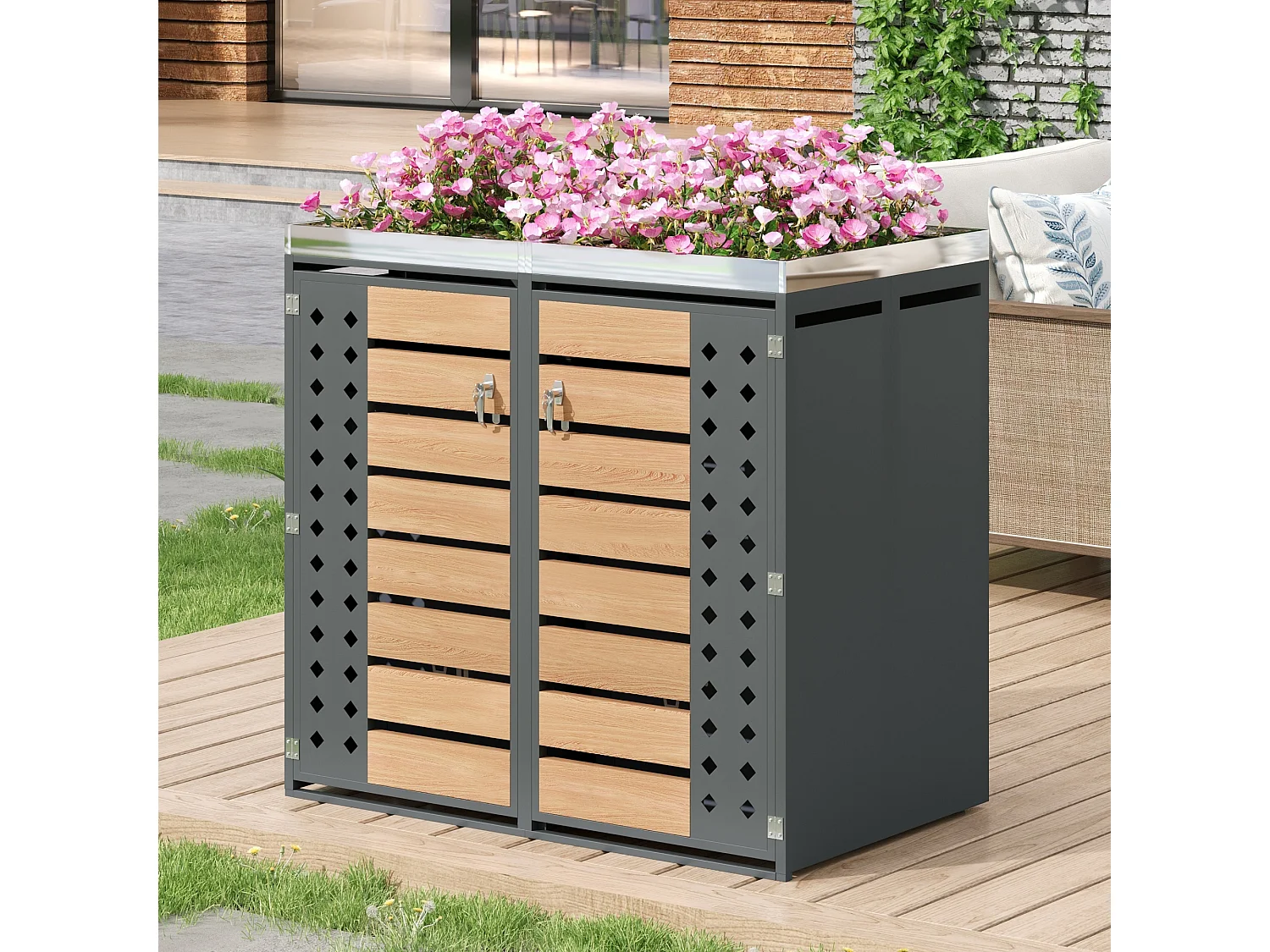 Abri pour 2 poubelles de jardin - 132 x 80 x 124.5 cm - avec 2 portes + plantation + verrouillable - métal - gris + naturel