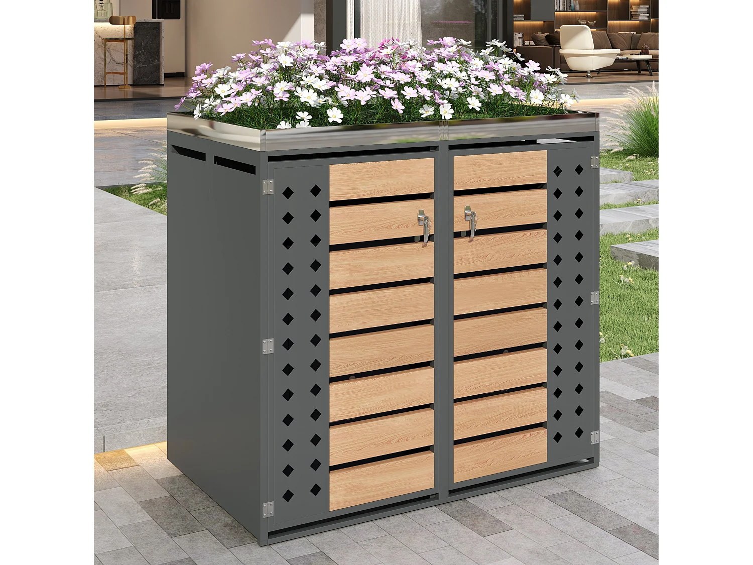 Abri pour 2 poubelles de jardin - 132 x 80 x 124.5 cm - avec 2 portes + plantation + verrouillable - métal - gris + naturel
