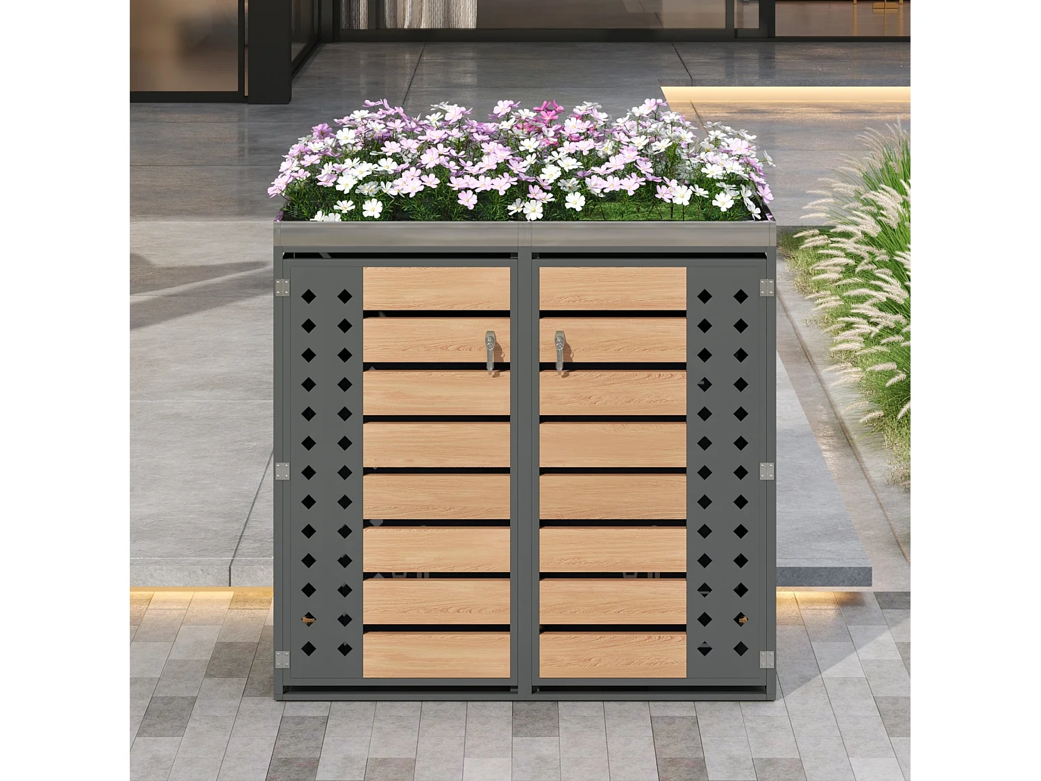 Abri pour 2 poubelles de jardin - 132 x 80 x 124.5 cm - avec 2 portes + plantation + verrouillable - métal - gris + naturel
