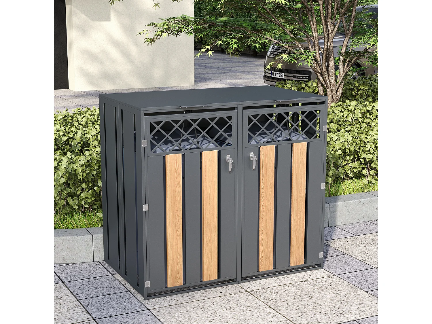 Abri pour 2 poubelles de jardin - 132 x 80 x 118.5 cm - avec couvercle à charnières + verrouillable + 2 portes - métal - gris + naturel