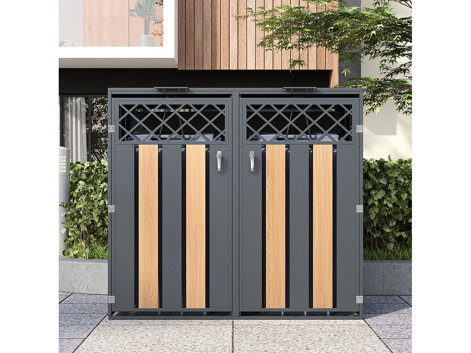 Abri pour 2 poubelles de jardin - 132 x 80 x 118.5 cm - avec couvercle à charnières + verrouillable + 2 portes - métal - gris + naturel