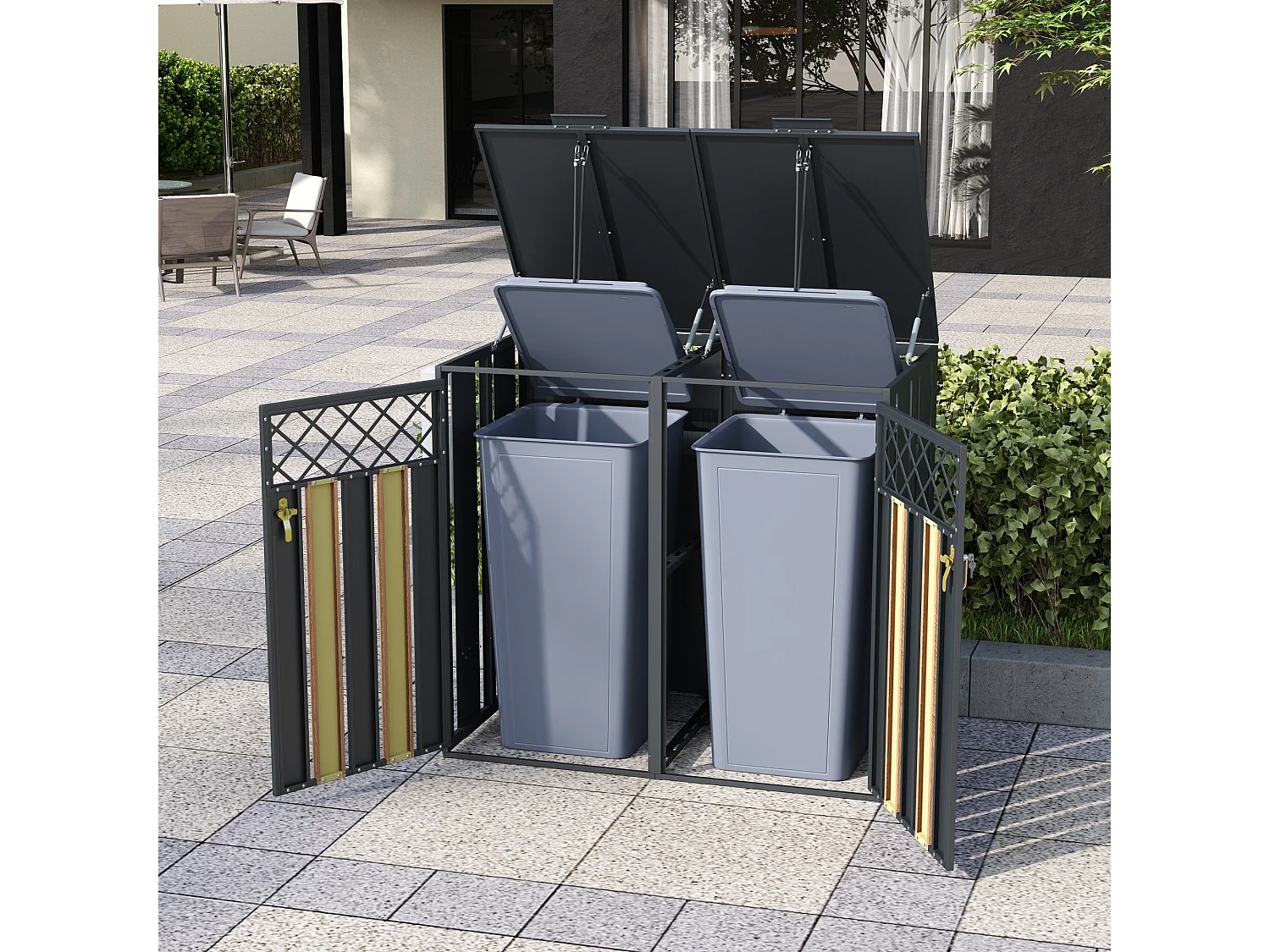 Abri pour 2 poubelles de jardin - 132 x 80 x 118.5 cm - avec couvercle à charnières + verrouillable + 2 portes - métal - gris + naturel