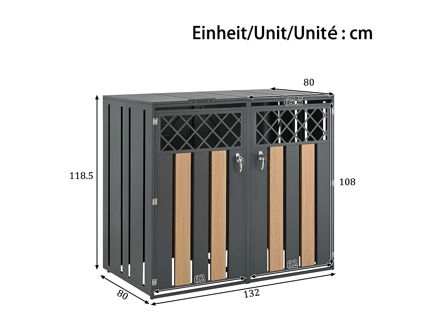 Abri pour 2 poubelles de jardin - 132 x 80 x 118.5 cm - avec couvercle à charnières + verrouillable + 2 portes - métal - gris + naturel