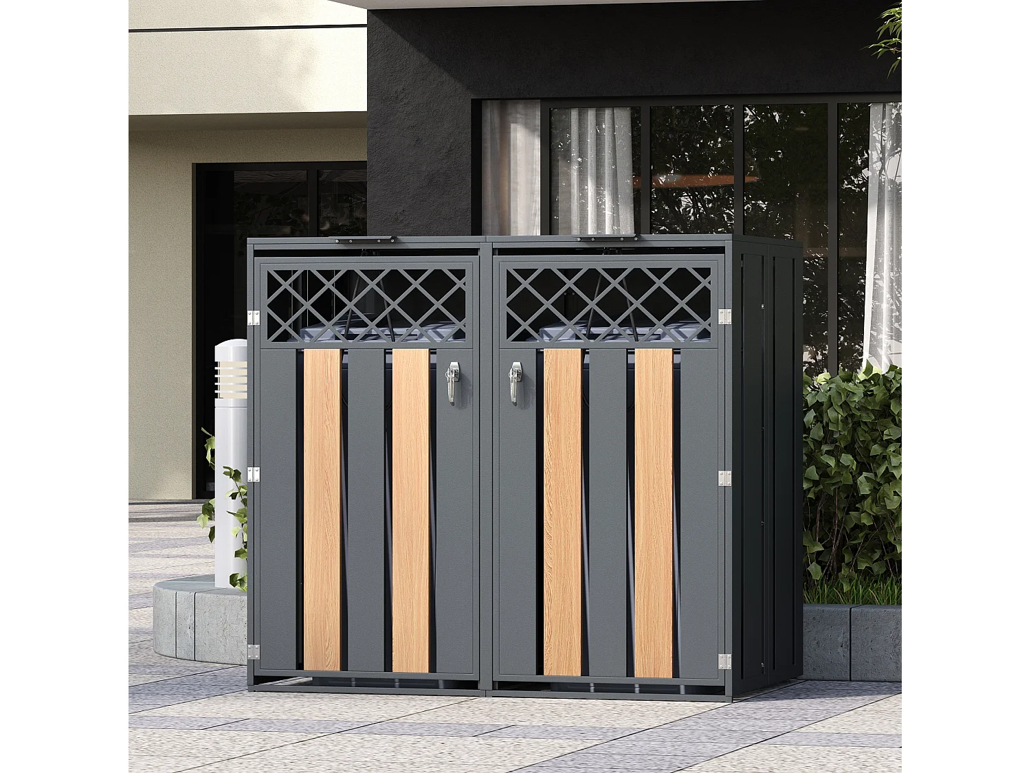 Abri pour 2 poubelles de jardin - 132 x 80 x 118.5 cm - avec couvercle à charnières + verrouillable + 2 portes - métal - gris + naturel