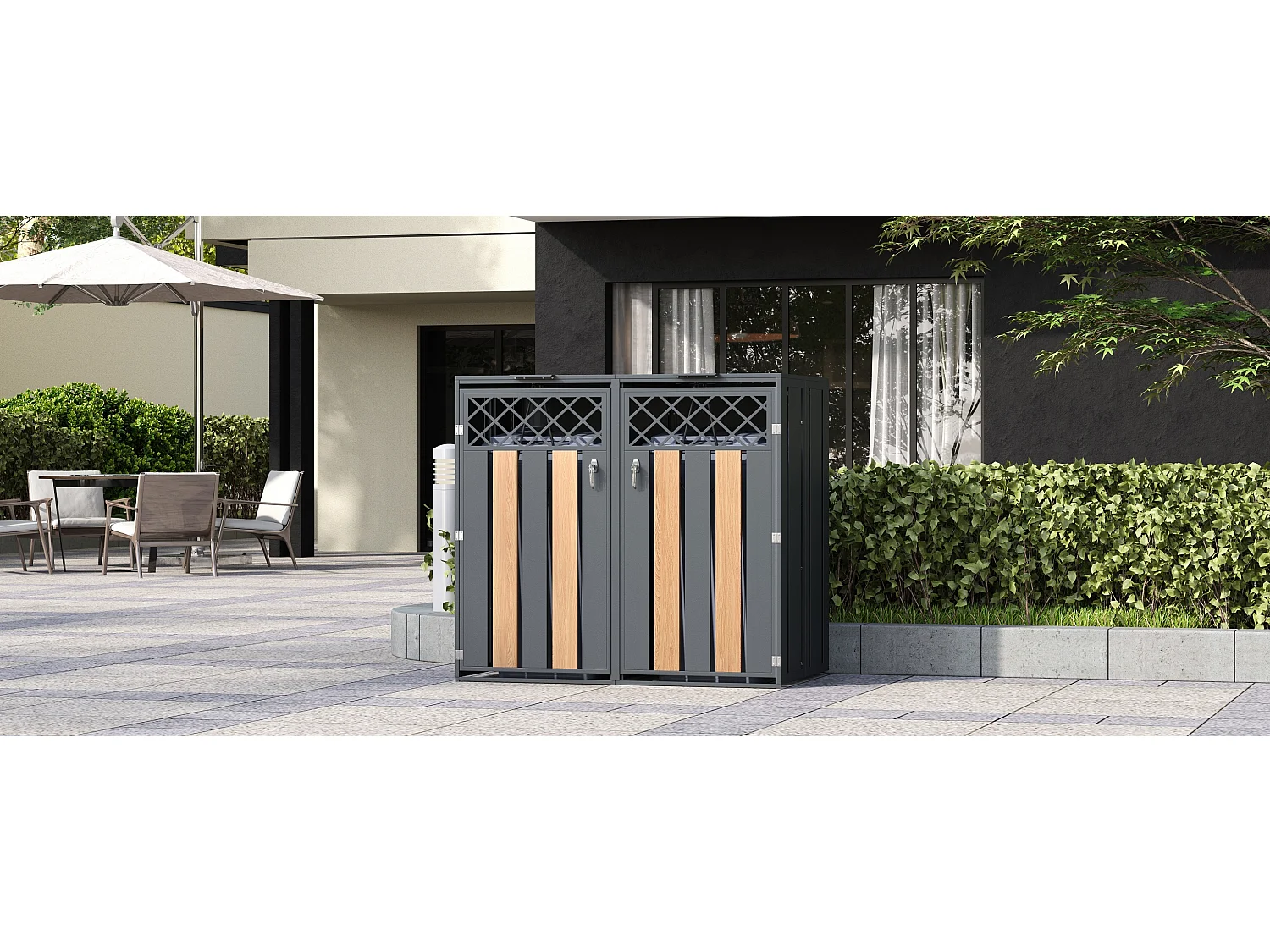 Abri pour 2 poubelles de jardin - 132 x 80 x 118.5 cm - avec couvercle à charnières + verrouillable + 2 portes - métal - gris + naturel