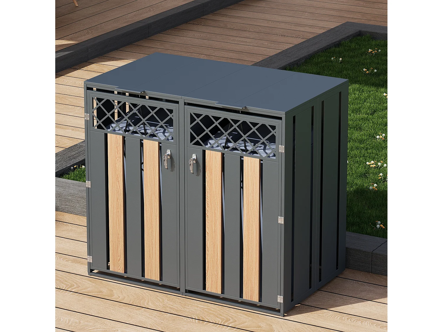 Abri pour 2 poubelles de jardin - 132 x 80 x 118.5 cm - avec couvercle à charnières + verrouillable + 2 portes - métal - gris + naturel