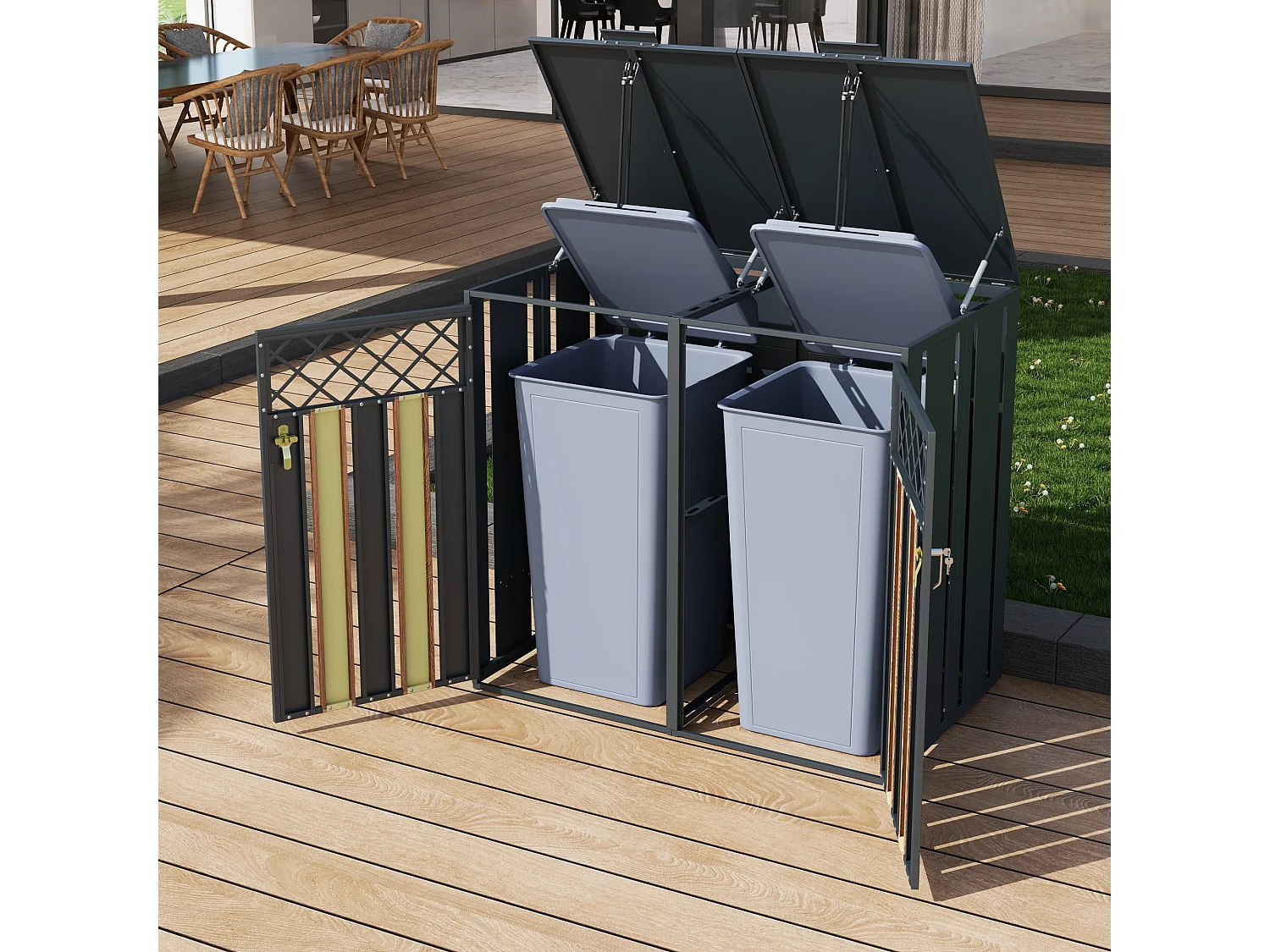 Abri pour 2 poubelles de jardin - 132 x 80 x 118.5 cm - avec couvercle à charnières + verrouillable + 2 portes - métal - gris + naturel