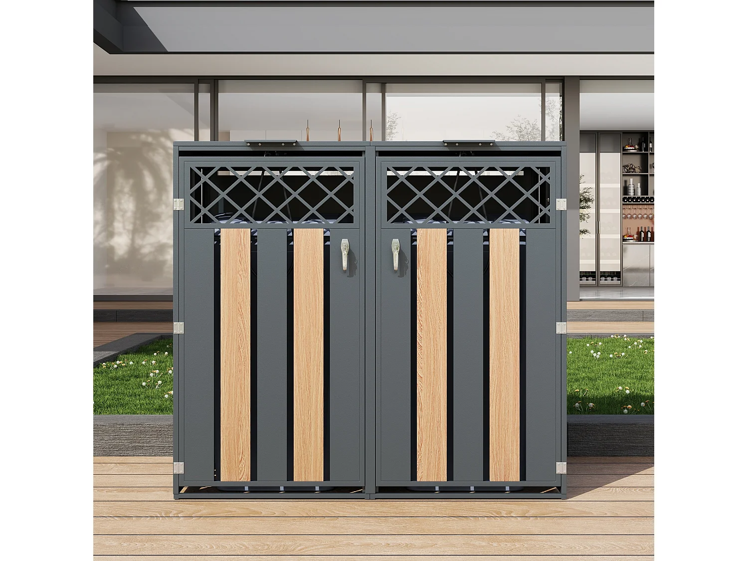 Abri pour 2 poubelles de jardin - 132 x 80 x 118.5 cm - avec couvercle à charnières + verrouillable + 2 portes - métal - gris + naturel