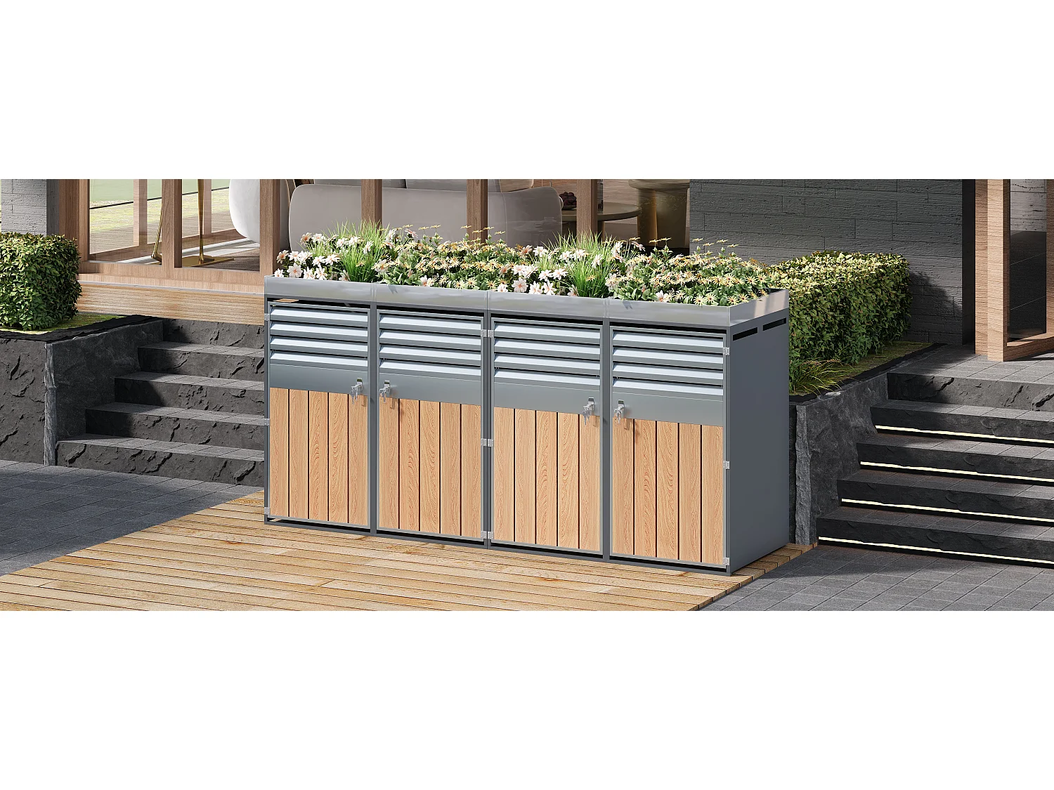 Abri pour 4 poubelles de jardin - 2 x 132 x 80 x 124.5 cm - avec persiennes + verrouillable + 2 portes + plantation - métal - gris + naturel