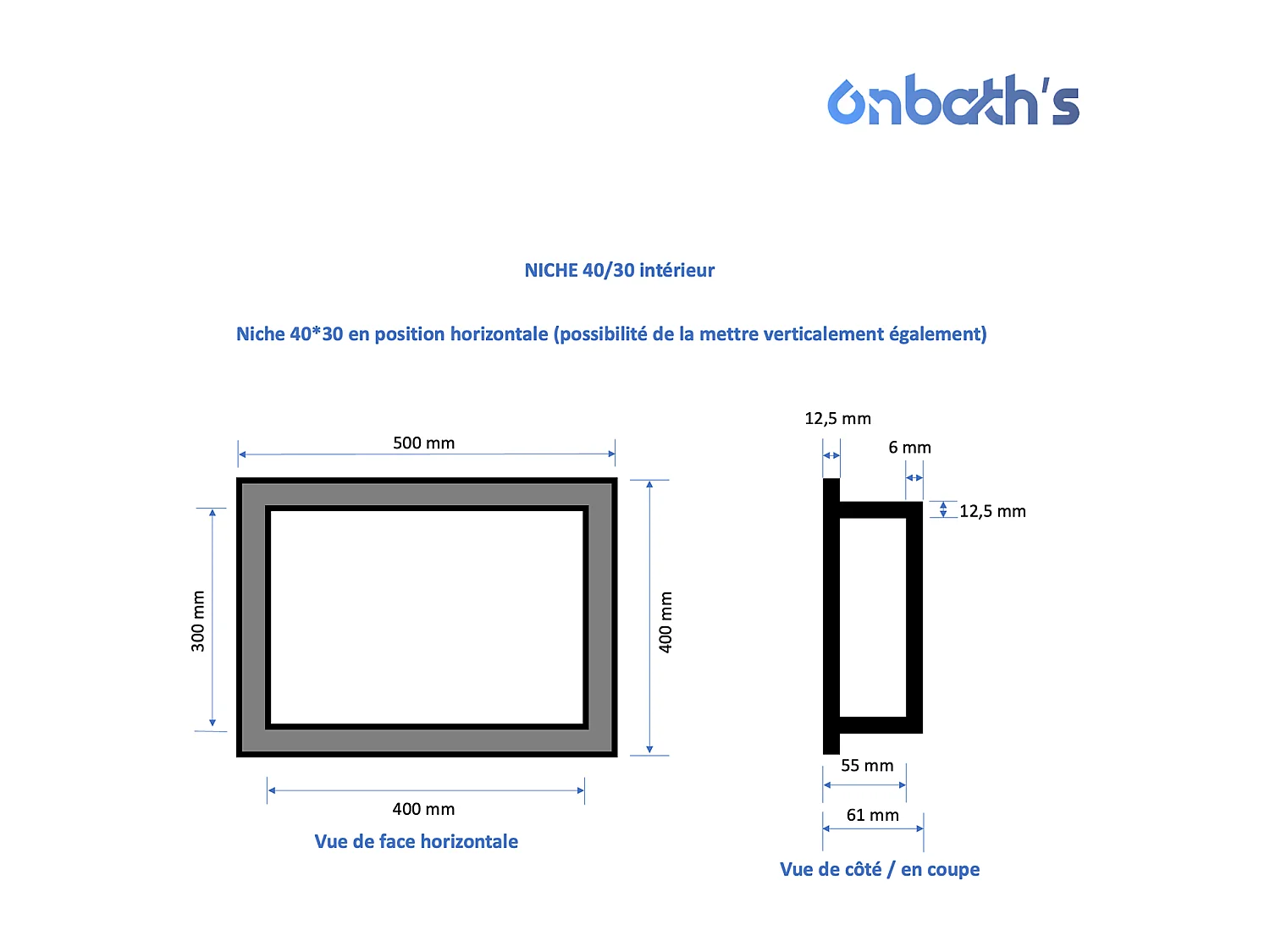 Niche à carreler étanche 40x30 cm – profondeur 6 cm – avec natte étanche – NICHE40/30-INT-OB